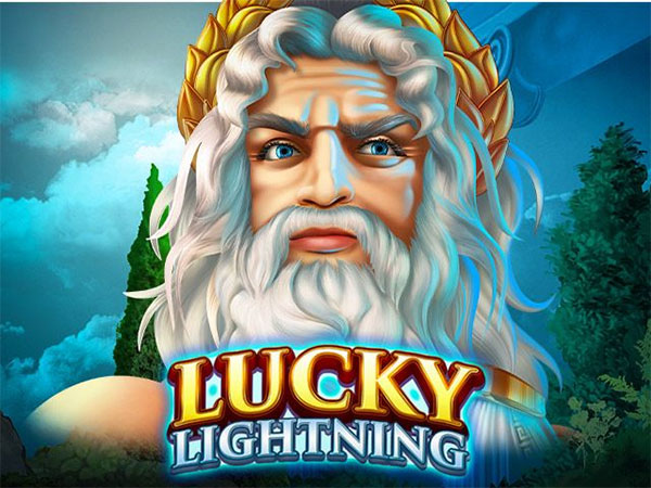 An image of the slot game "Lucky Lightning" featuring Zeus, the Greek God of sky and thunder. In the image, Zeus is depicted with a lightning bolt in his hand, ready to strike. The game interface shows various slot symbols, including ancient Greek icons and letters, on a background of stormy skies.